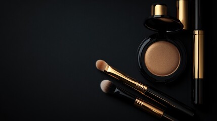 Cosmetic products arranged on a dark surface. Includes a compact with golden powder and makeup brushes in black and gold colors.