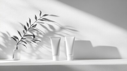 Two white cosmetic tubes placed on a shelf with a green leaf branch casting shadows. The scene emphasizes minimalism and natural beauty.