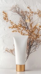 A white cosmetic tube with a gold base stands against a textured white wall. Dried golden branches are arranged beside the tube, creating a minimalist aesthetic.