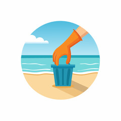 Hand in glove dropping trash into a bin on a sandy beach.