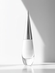 A sleek, modern perfume bottle with a pointed silver cap and a clear glass base. The design is minimalistic, set against a bright, shadowed background.