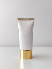 A white cosmetic tube with a gold base, placed on a clean surface. The tube has a sleek design, suitable for skincare or beauty products.