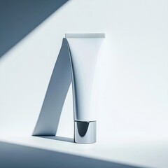 A sleek, white cosmetic tube with a silver cap rests on a light background. The design is minimalistic, emphasizing modern beauty products.