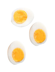 Top view set of cooked or boiled chicken eggs with egg yolk in three halves isolated on white background with clipping path