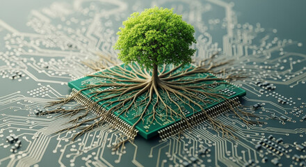 Green Tree Growing From Circuit Board Illustrating Technology And Environmental Connection
