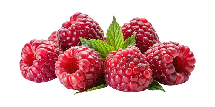 A vibrant arrangement of fresh raspberries and mint leaves on a white background