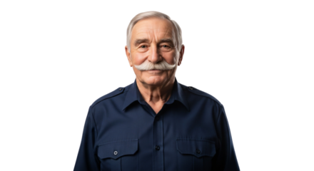 Friendly senior man with a distinguished mustache, ideal for corporate profiles, healthcare services, financial advising, veteran support, or Father's Day campaigns,