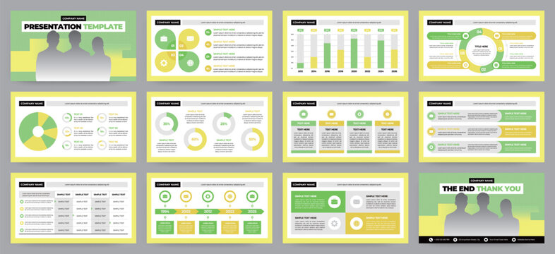 Modern Yellow and Neon Startup Pitch Deck and Campaign Deck Presentation Template with Infographics. Creative educational presentation template with infographic slides and minimal pastel design.