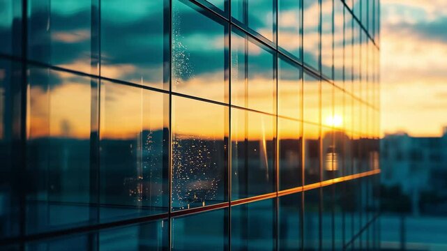 Sunset reflection on modern glass facade creating a vibrant abstract scene, Abstract glass reflective windows background