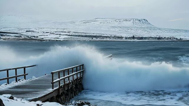Winter waves crash against docks in Akureyri, Iceland creating a dramatic coastal view, Powerful waves hitting docks Akureyri Iceland winter storm