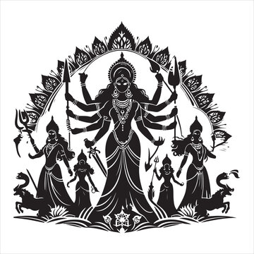 Maa Durga in Silhouettes The Symbol of Strength and Protection, black colour vactor 