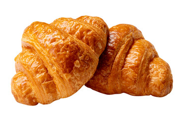 Top view of two brown or golden croissants in stack isolated with clipping path in png file format