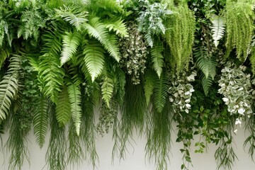 Lush green foliage arrangement cascading down a wall.