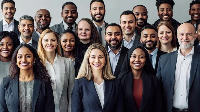 Diverse business group posing together with smiles in a professional setting, Portrait of large diverse business group smiling at the camera