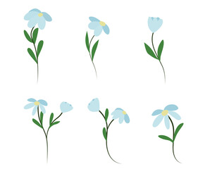 Set of  light blue flowers with yellow centers and green stems, illustrated in a simple flat style