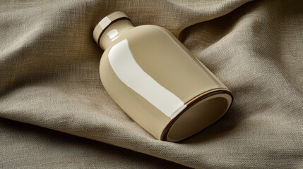 Light beige ceramic bottle resting on a linen fabric.