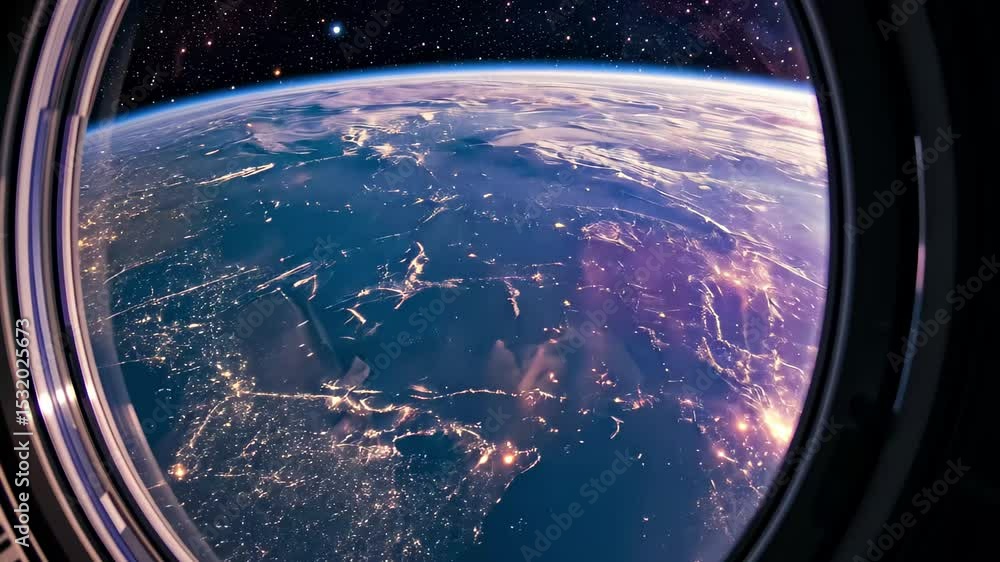 Poster dramatic view of earth from a spacecraft window highlighting vibrant atmosphere and cosmic backdrop,