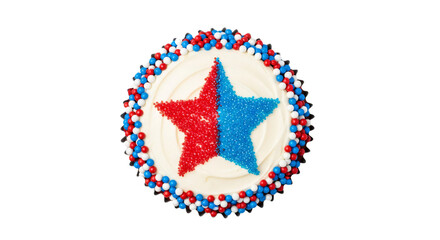 Patriotic cake isolated on white & transparent background, featuring white frosting with a vibrant red and blue sprinkle star, bordered by red, white, and blue candy. Ideal for 4th of July,
