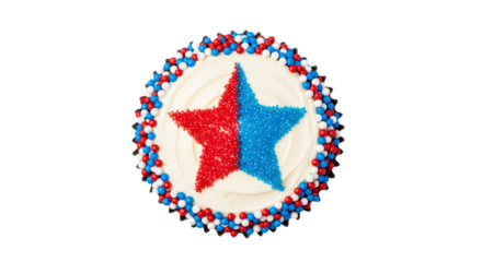 Patriotic cake isolated on white & transparent background, featuring white frosting with a vibrant red and blue sprinkle star, bordered by red, white, and blue candy. Ideal for 4th of July,