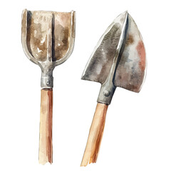 watercolor of Shovel And Pickaxe, vector, isolated on a white background.