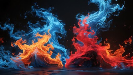 Abstract blue and orange fire flames collision