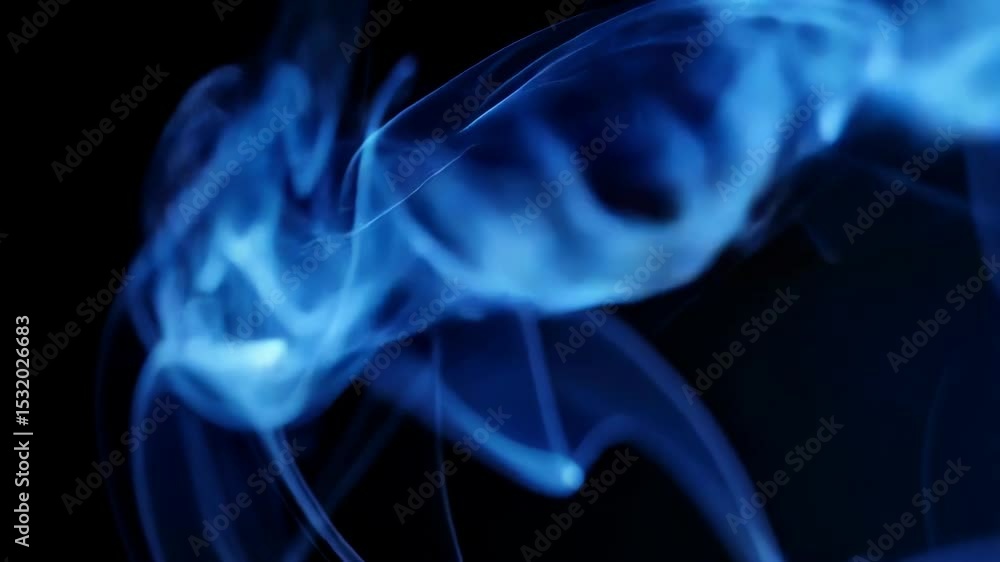 Poster abstract blue smoke trails swirling dynamically on a dark background creating wispy ethereal shapes 