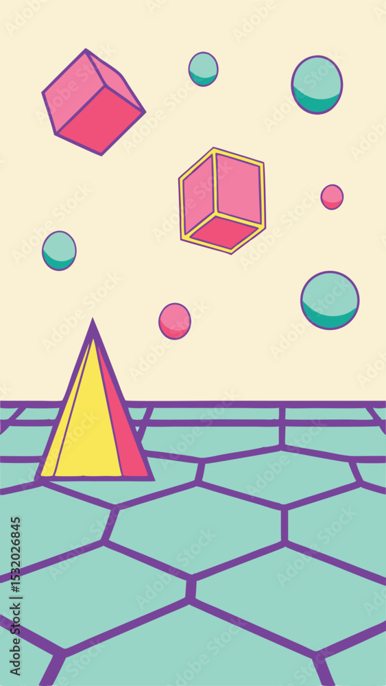 Poster abstract geometric composition with floating shapes in a modern retro aesthetic design