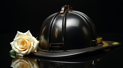 A firefighters black helmet rests beside a delicate white rose, a somber tribute against a dark backdrop