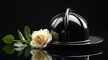 A creamy white rose rests beside a polished black firefighters helmet, their reflections mirroring on the dark surface