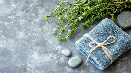 Light blue towel tied with twine on a gray stone surface with herbs.