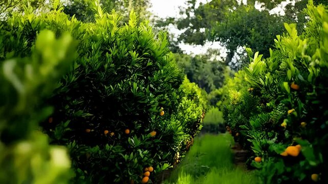 Picturesque rows of orange trees heavily laden with bright ripe fruit in a lush, vibrant green orchard during sunny daylight.