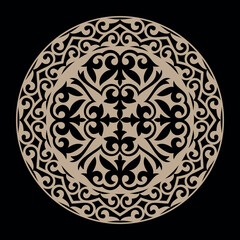 Traditional gold round Turkic ornament. Round Ornament Pattern. Kazakh national ornament. Islam, Arabic, Indian, ottoman motifs. Vintage decorative elements. For ceramic, embroidery, sandblasting