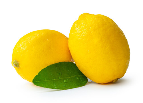 Side view of two fresh ripe yellow lemon fruits with green lemon leaf and water droplets in stack isolated on white background with clipping path