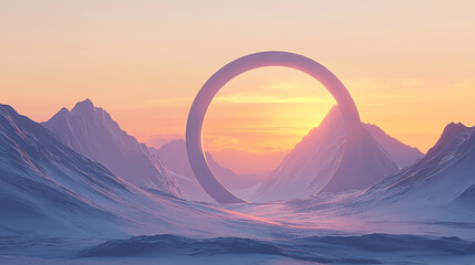 sunset in the mountains. Circular gate. A mountain range is visible in the distance behind a large, circular opening 