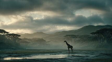 Obraz premium Lonely Giraffe In African Savannah Landscape