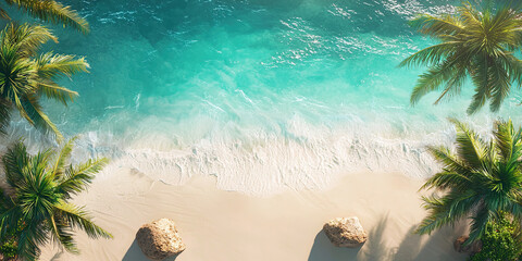 Aerial view of a tropical beach with palm trees and rocks, white sand, turquoise water.