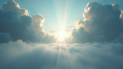 Radiant sunlight piercing through billowing clouds, illuminating a serene sky