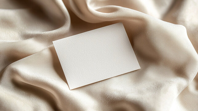 Blank business card placed on smooth beige fabric background.