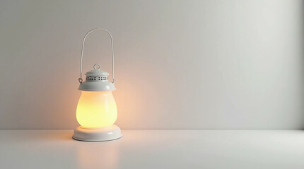 A glowing white lantern emits a soft, warm light, isolated on white background