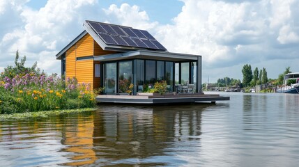 Obraz premium Floating house with solar panels on a calm canal