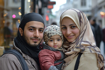 close up portrait refugees muslim family in europe .