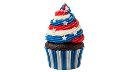Festive patriotic chocolate cupcake with vibrant red, white, and blue swirled frosting and stars, ideal for Fourth of July, Independence Day, Memorial Day, Veterans Day,