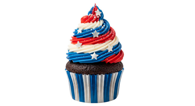 Festive patriotic chocolate cupcake with vibrant red, white, and blue swirled frosting and stars, ideal for Fourth of July, Independence Day, Memorial Day, Veterans Day,