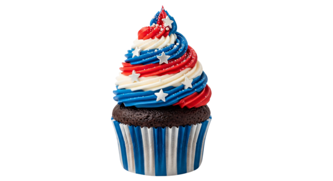 Festive patriotic chocolate cupcake with vibrant red, white, and blue swirled frosting and stars, ideal for Fourth of July, Independence Day, Memorial Day, Veterans Day,