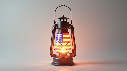 A vintage black lantern glows with an american flag design, isolated on white background