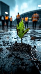 A Young Plant Thrives Amidst Urban Chaos, Rainy Day, Outdoor Scene, Close-Up Perspective