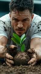 Action of Planting a Young Tree by a Man in a Garden, Nature Photography, Outdoor Environment, Close-Up Perspective