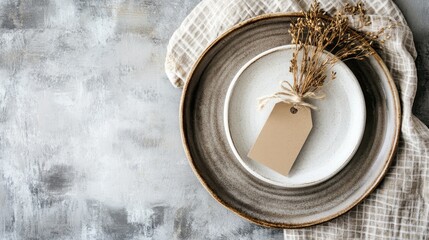 A neutral-toned tableware setting with a natural accent.