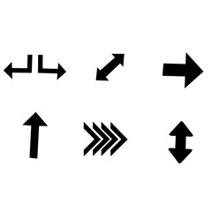 Set of 6 mixed arrow icons with various directions including up, down, diagonal, and bold straight arrows. Useful for UI, infographics, or signage elements