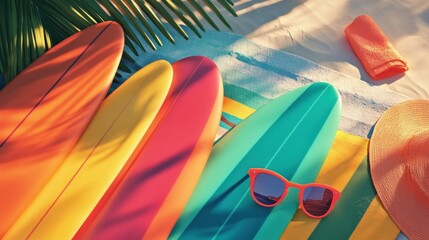 Colorful surfboards on a beach towel.  Sunlight casts shadows on the vibrant boards